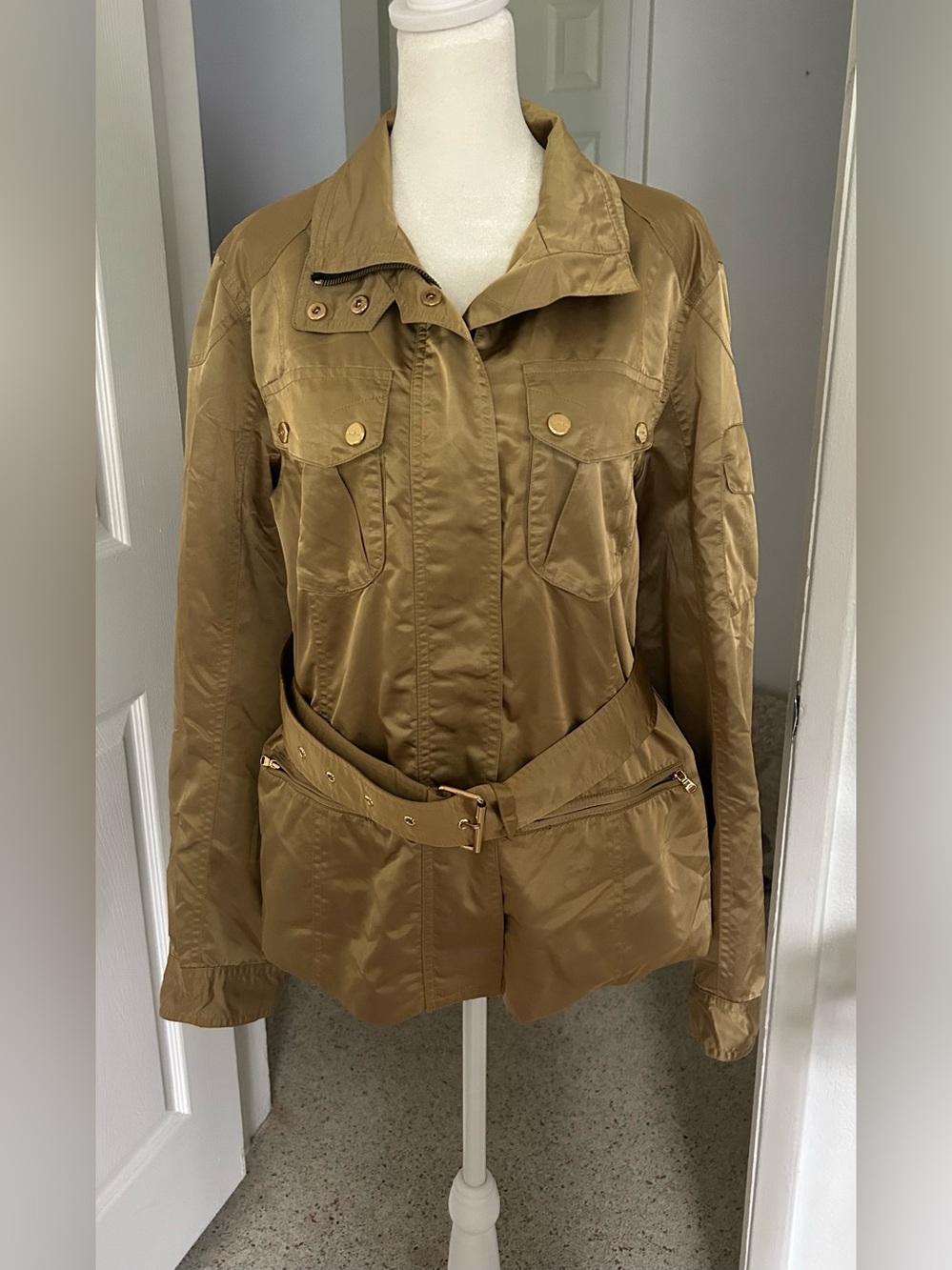 Lauren Ralph Lauren Lightweight Gold Satin Jacket with Belt and Gold Hardware